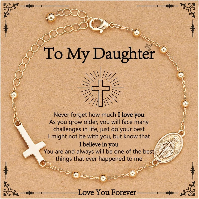 VULETO Catholic Virgin Mary Cross Bracelet Gifts for Girls Teens Women, Rosary Beads Charm Link Chain Bracelet Christmas Christian Religious Jewelry Gifts - Image 1